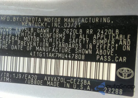 2021 Toyota Camry Se из США, поврежденный, VIN 4T1G11AK7MU447808